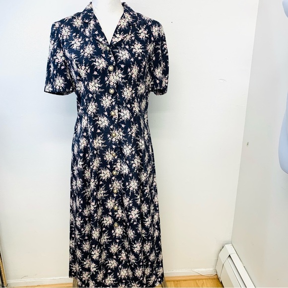 Leslie Fay Midi Dress 8P Blue Floral  Pearl Button Front Cottagecore Office - Picture 1 of 9